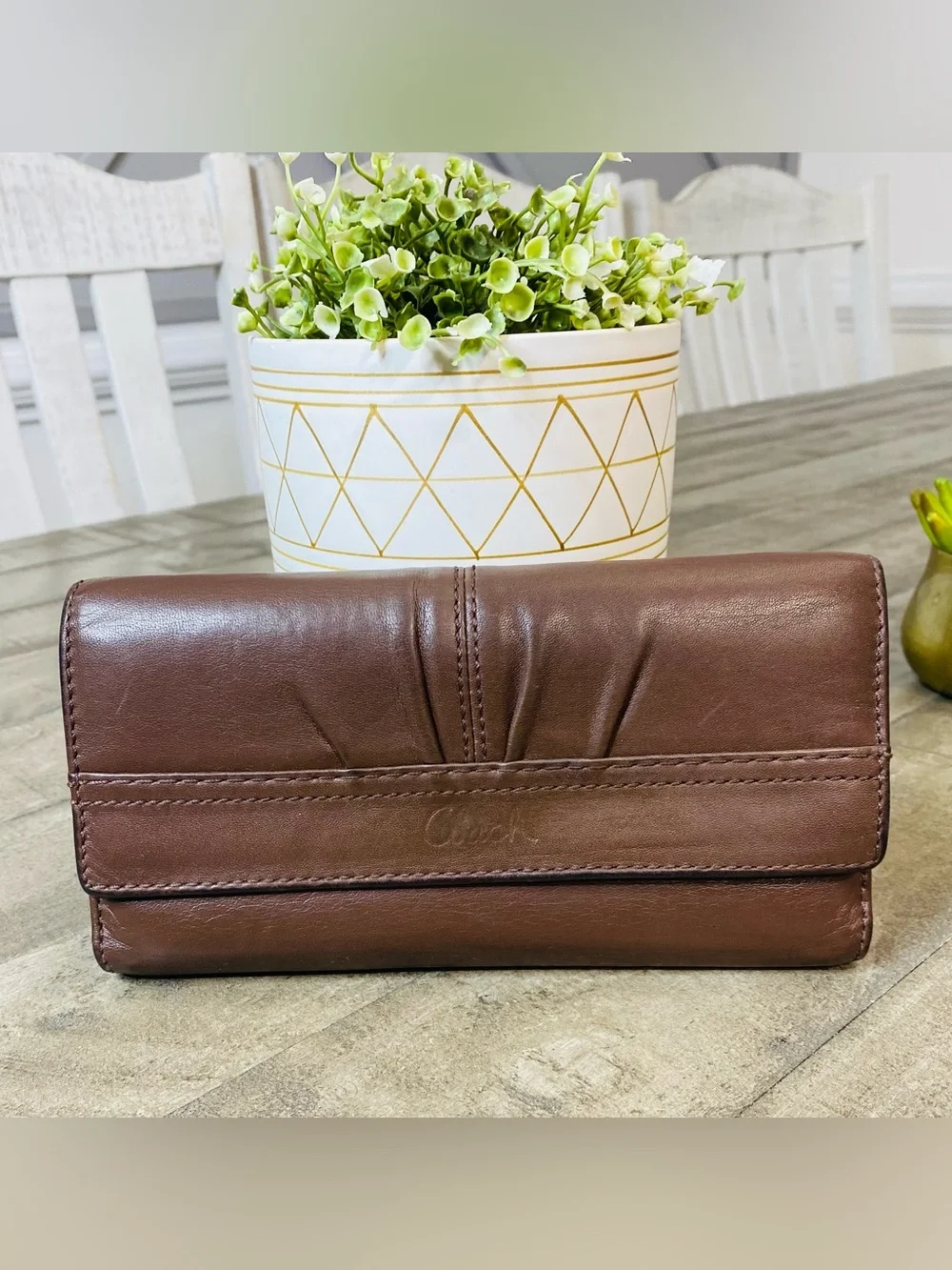 Coach Soho Vintage Brown Leather Pleated Trifold Wallet